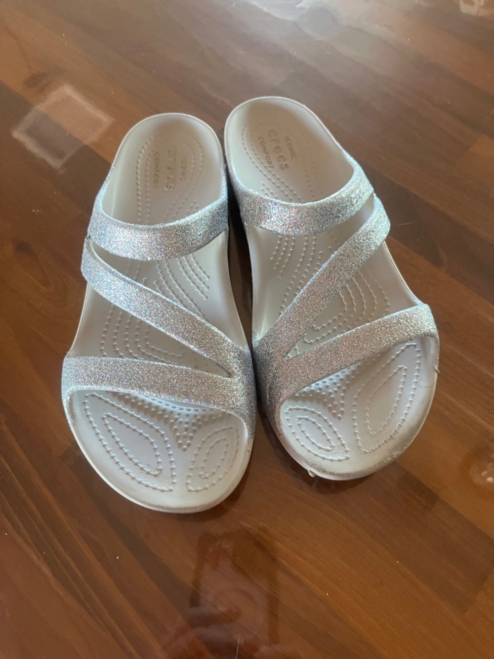CROCS Glitter Strappy Slide Sandals - Silver